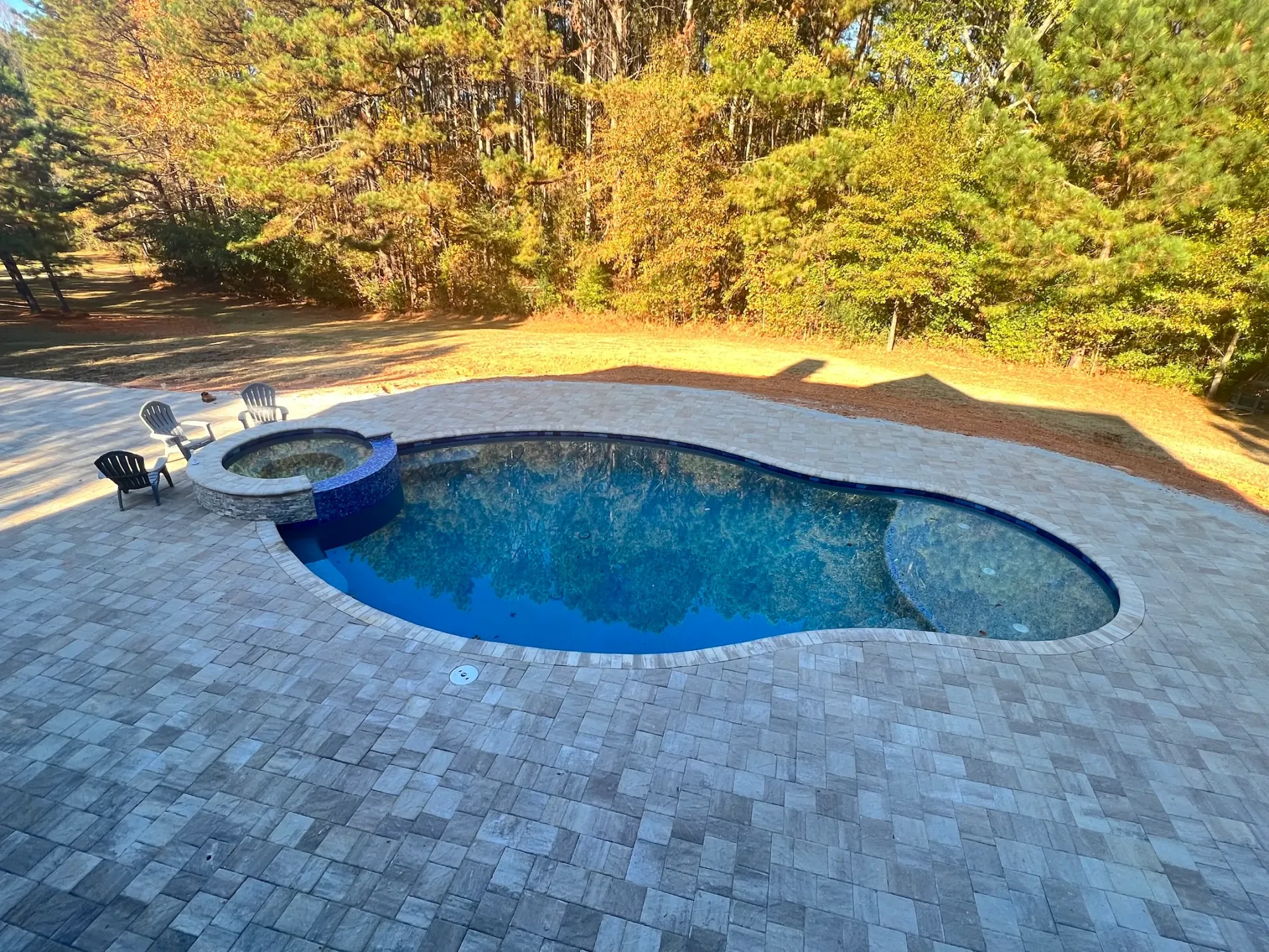 Finished RutherfordMade freeform pool with raised spa, broad paver patio, and wooded yard